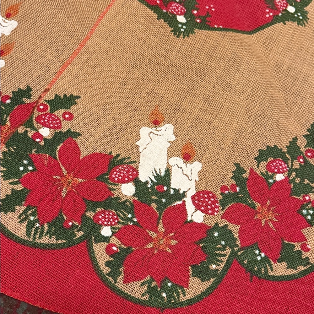 Vintage Jute Swedish Julbock Burlap Candle Christmas Tree Skirt poinsettia